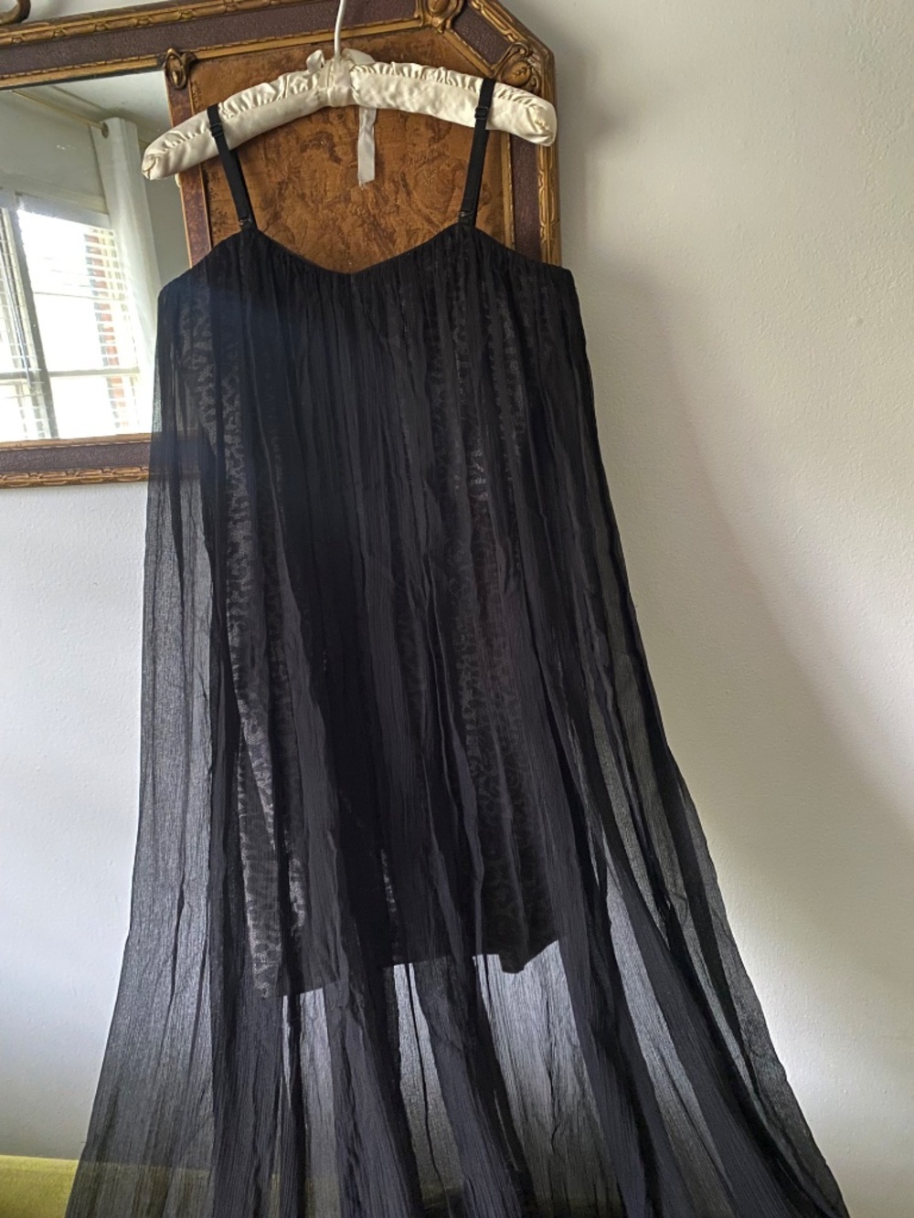 Vintage y2k Black 100% Silk Chiffon Pleated Sheer Maxi Dress Fairy Whimsygoth 12